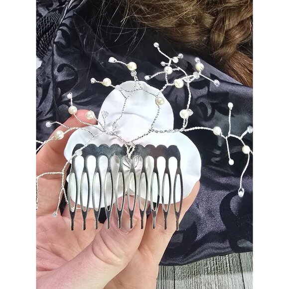 Elegant Handcrafted Glass Pearl Moonstone and Rose Quartz White Rose Hair comb - Picture 6 of 9